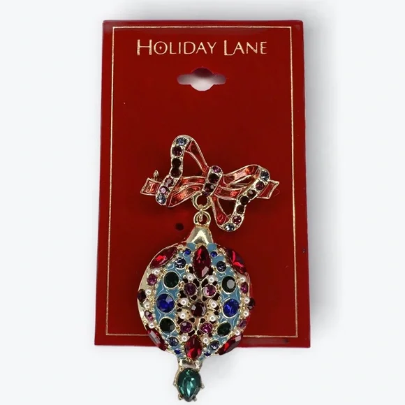 NWT Holiday Lane Gold-Tone Multicolor Crystal & Imitation Pearl Ornament Pin - Picture 3 of 4